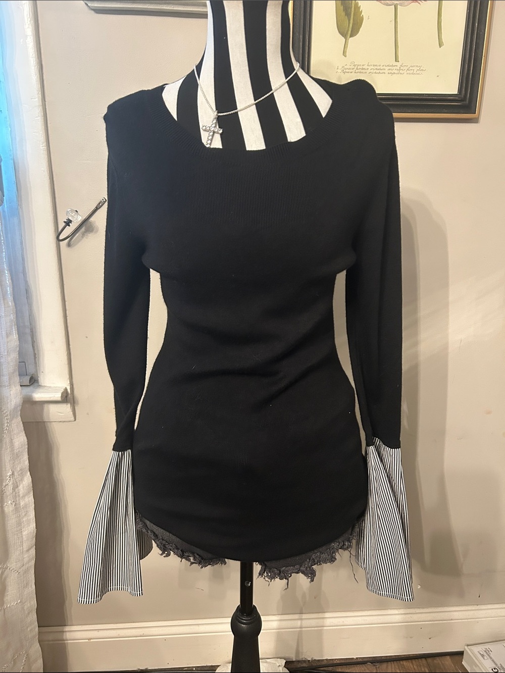 Nordstrom Black Knit Top with Striped Bell Sleeve Accents